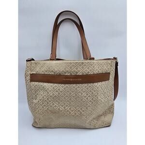 Tommy Hilfiger Women's Monogram Tan Tote Bag  with Brown Leather Straps